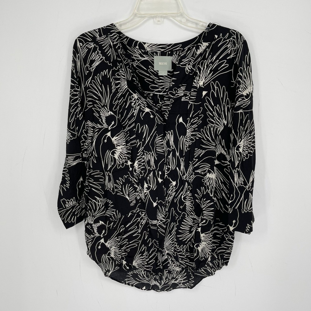Anthropologie Maeve Women's Black White Bird Print V-Neck 3/4 Sleeve Top Size 10